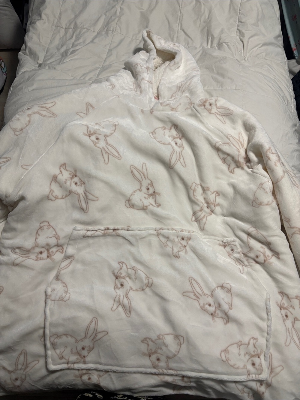 La Vie en Rose Over Sized White Plush Hoodie with Bunny Print